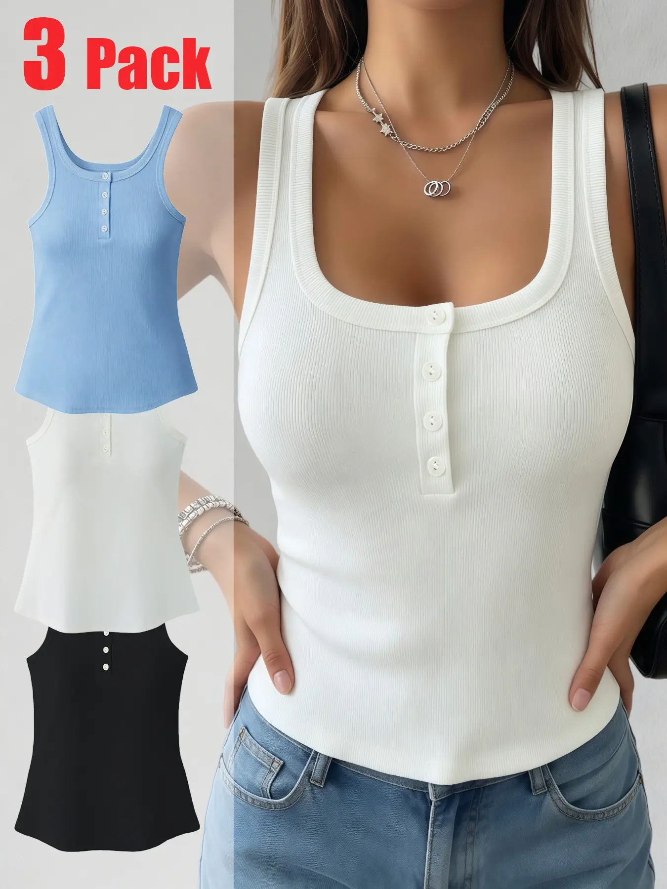 Women 3 Pack Solid Ribbed Sleeveless Henley Tank Tops, Crew Neck Button Detail Slim Fit Camisoles, Elastic Breathable Basic Tops for Office Commute and Summer Casual Outfits