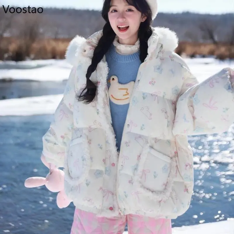 Autumn Winter Kawaii Lolita Parkas Women Japanese Y2k Cute Bunny Print Padded Coat Korean Girls Sweet Warm Loose Hooded Jacket