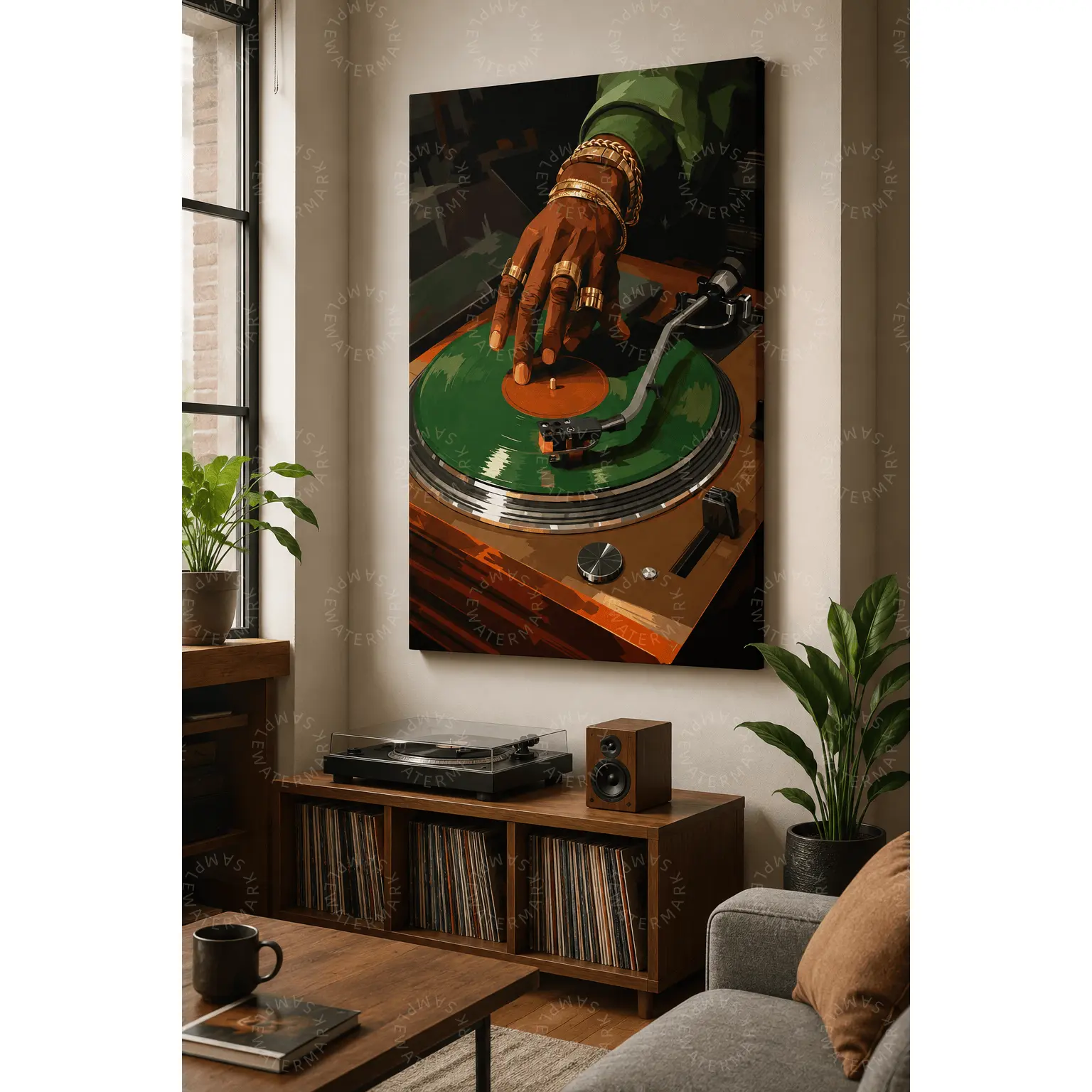 Retro DJ Turntable Wall Art, Green Vinyl Record Music Aesthetic Poster, Gold Jewelry Hand Canvas Print, Hip Hop Bedroom Decor, Music Room Wall Art, Living Room Decor, Teen Room Gift