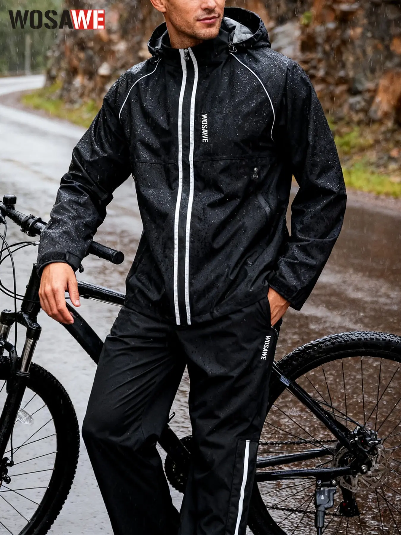 WOSAWE Men's Waterproof Cycling Suit Rain Jacket & Pants Set, Breathable Windproof Reflective Outdoor Gear for Bike Camping Hiking