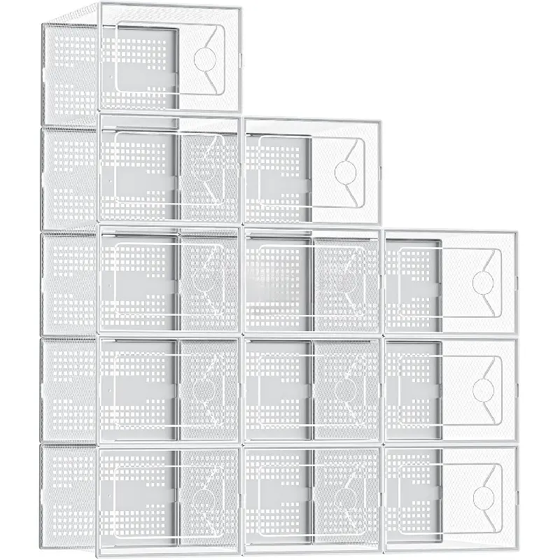 12-Pack Large Clear Stackable Shoe Storage Boxes with Lids, White Sneaker Display Storage Containers, Space Saving Shoe Organizers for Closet, Under Bed, Entryway Bedroom