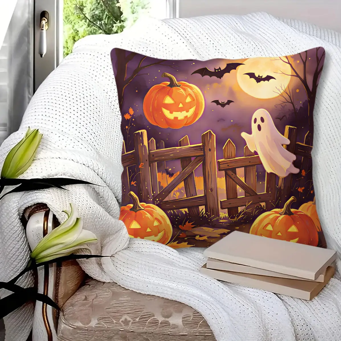 45x45cm 1Pc Full Moon Dead Tree Spider Web Maple Halloween Mixed Element Throw Pillow, Washable, Trend Print, Full Plush Insert Ideal Halloween Bestie Gift For Bedroom Decor (With Pillow Insert)