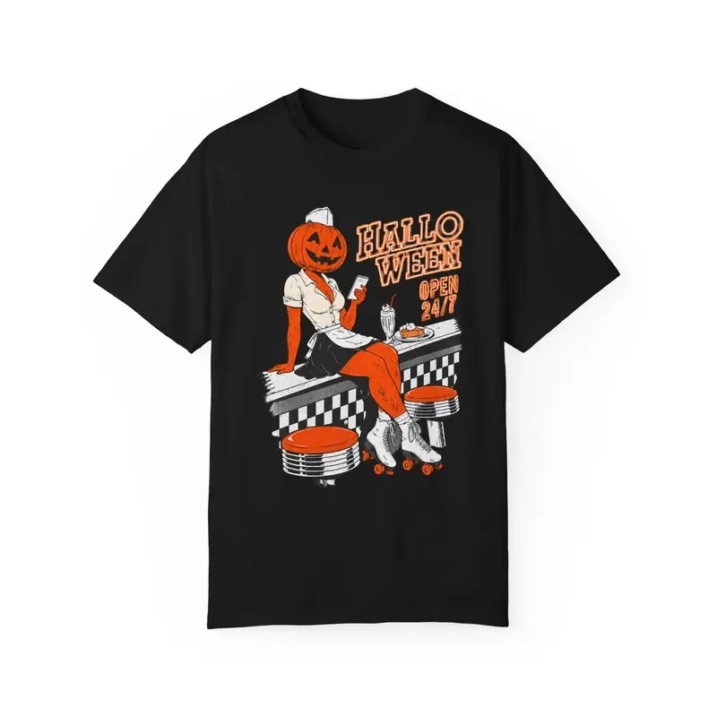 Comfy Short-Sleeve Vintage Halloween Pumpkin Head Waitress Top - Comfort Colors, Casual Retro Diner Prints Graphic Tee, Tops, All Seasons