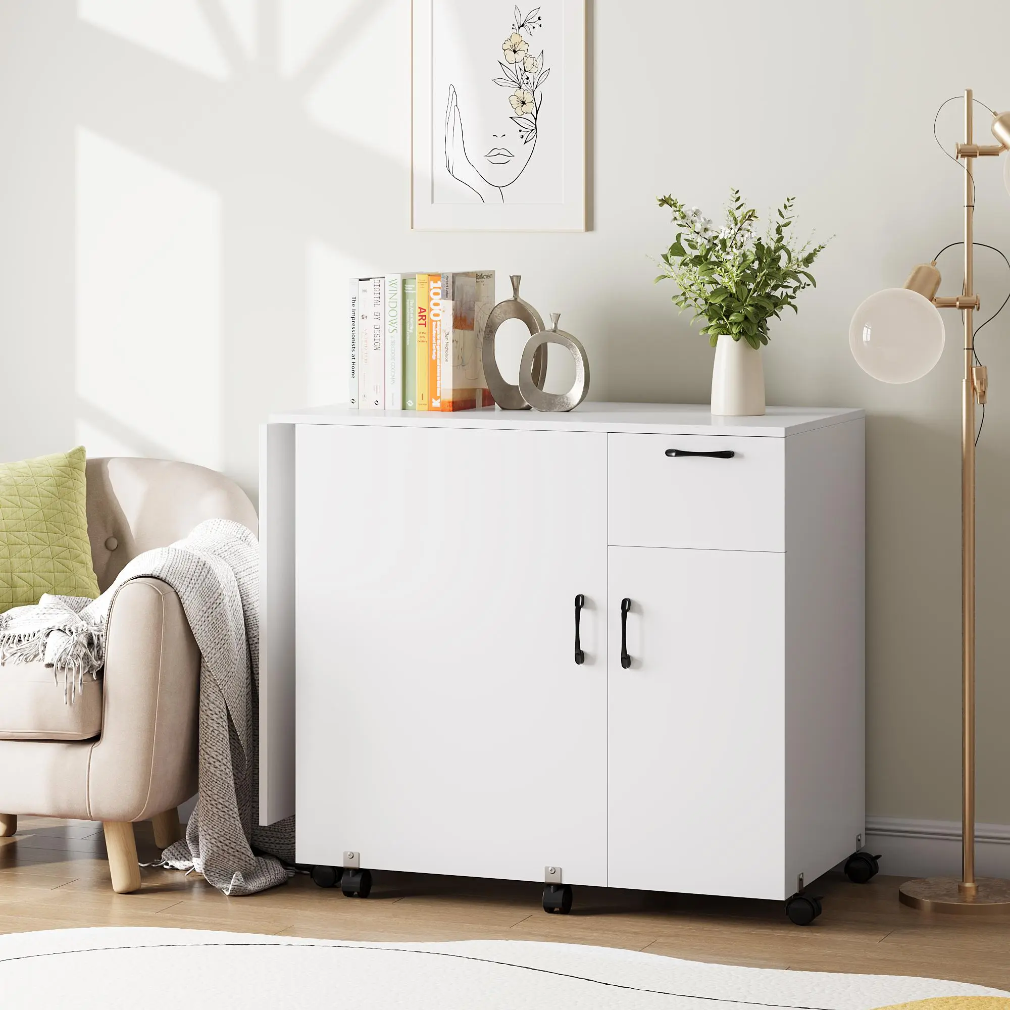 Space-Saving Folding Sewing Cabinet – Sewing Table with Storage Shelves, Sliding Drawer, Lockable Casters – Compact Organizer for Home, Bedroom, Craft Room, Ideal for Small Spaces