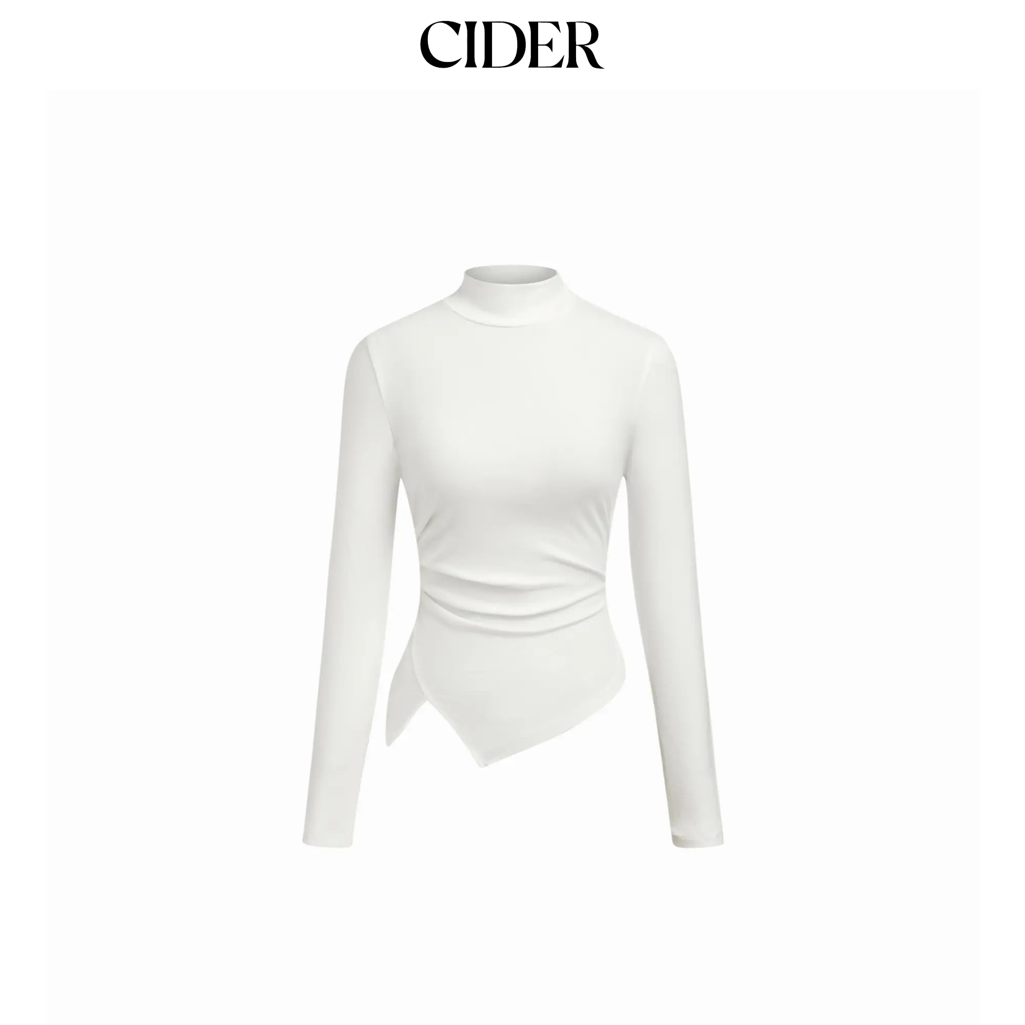 Cider Stand Collar Ruched Asymmetrical Hem Long Sleeve Tee SummerFinds