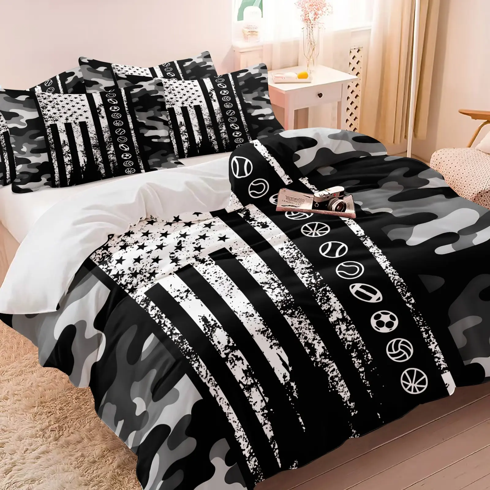 2/3Pcs Soft Camo American Flag Sports Comforter Set Distressed Grey Camouflage Star Stripe Multisport Ball Print Bedding Masculine Lightweight All Season Bed Set For Teen Boys Sports Lovers Bedroom Washable Bedding Supplies