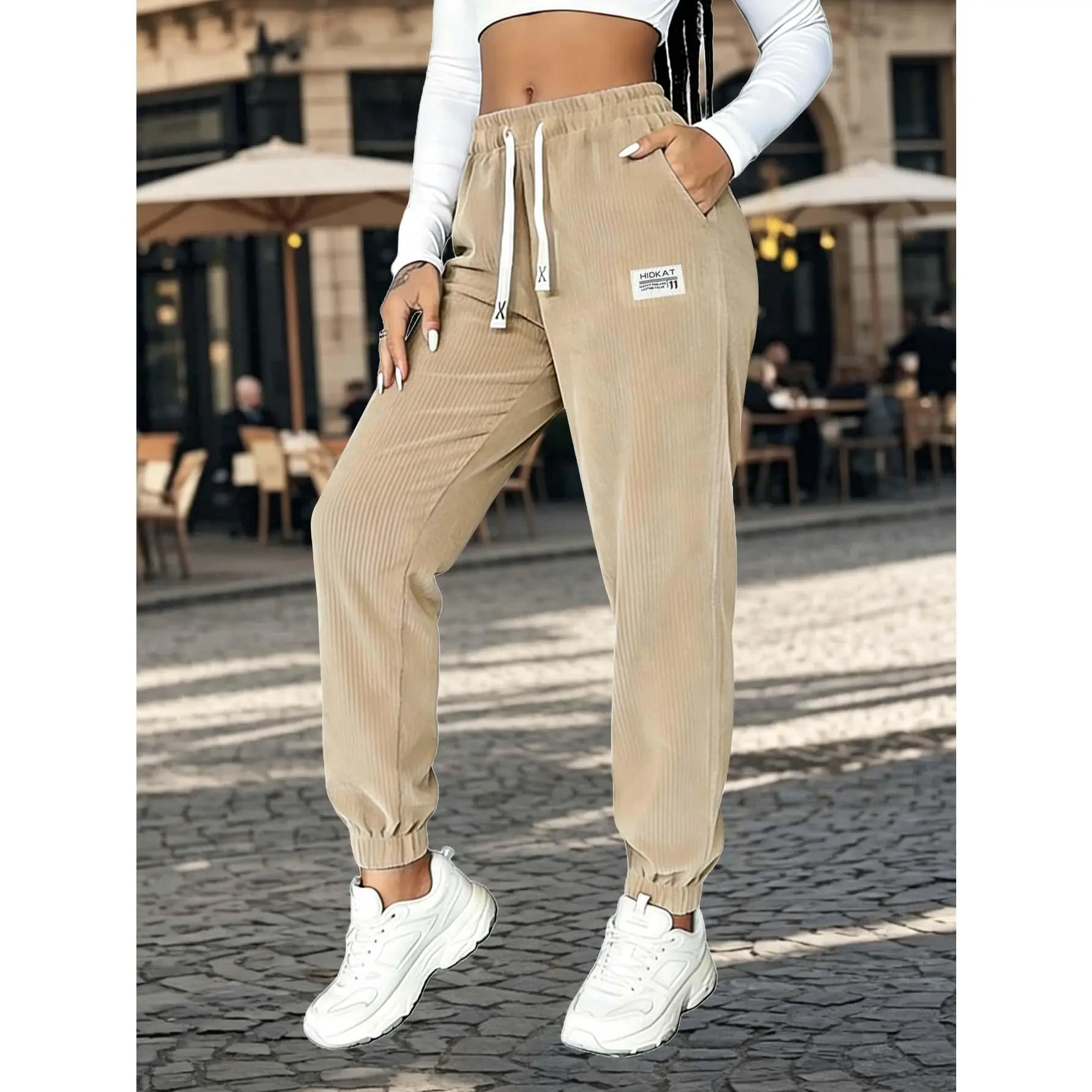 Women's Spring/Fall Corduroy Activewear Pants Solid Color with Drawstring and Pockets Soft Comfortable Fabric for Daily Casual Wear Spring/Fall Women's Cuffed Pants Elastic Waistband with Drawstring Solid Color Casual Pants