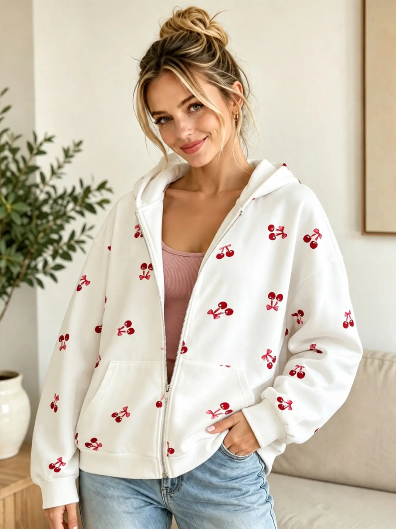 Sweet Cherry Bow Hooded Zipper Sweatshirt for Women, Loose Shoulder Casual Open Front Coat, Long Sleeve Top for Spring and Fall