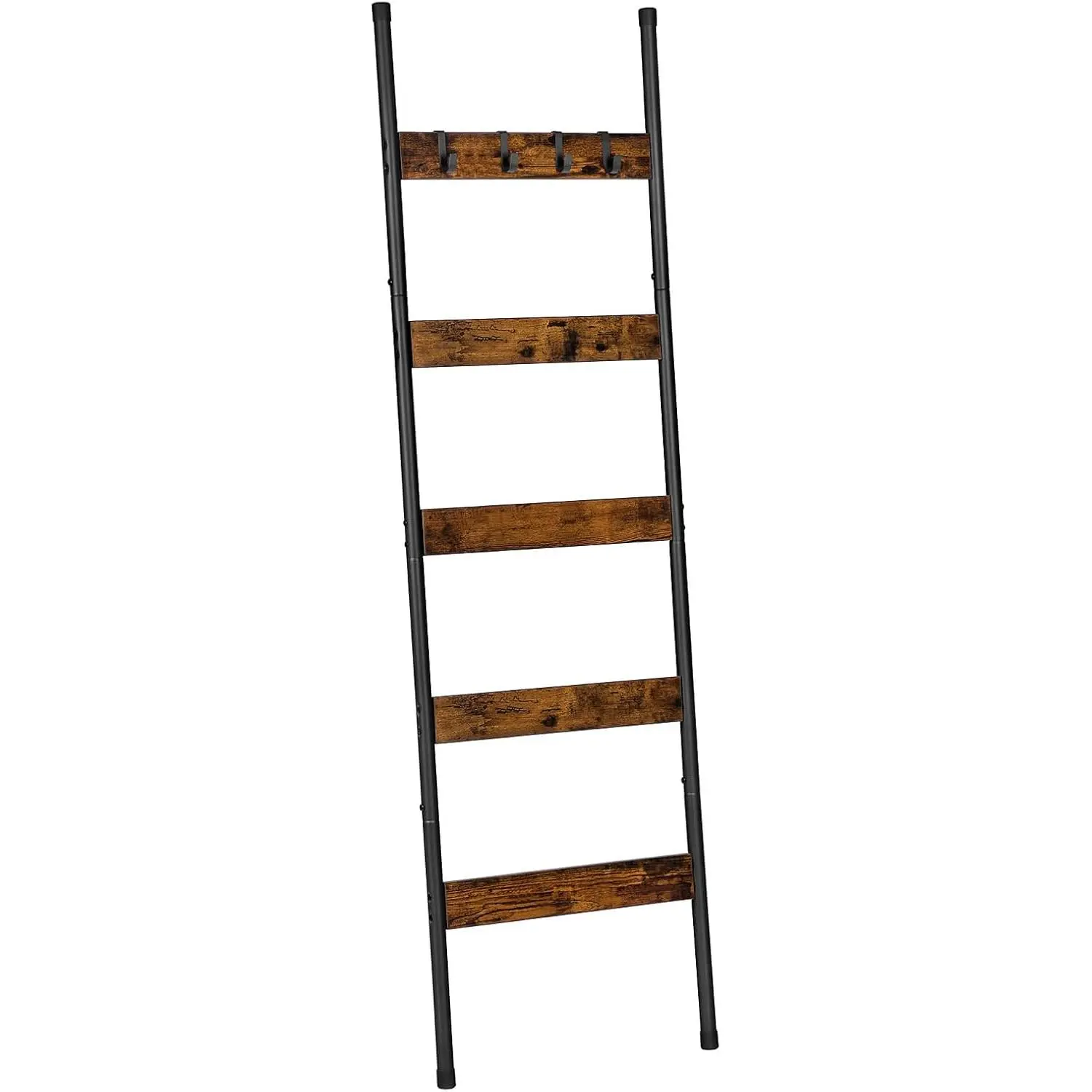 Blanket Ladder, 5-Tier Towel Rack with Hooks, Wall-Leaning Blanket Rack, Decorative Display Ladder Shelf, for Scarves, Industrial, Living Room, Bedroom, Rustic Brown and Black BF52CJ01
