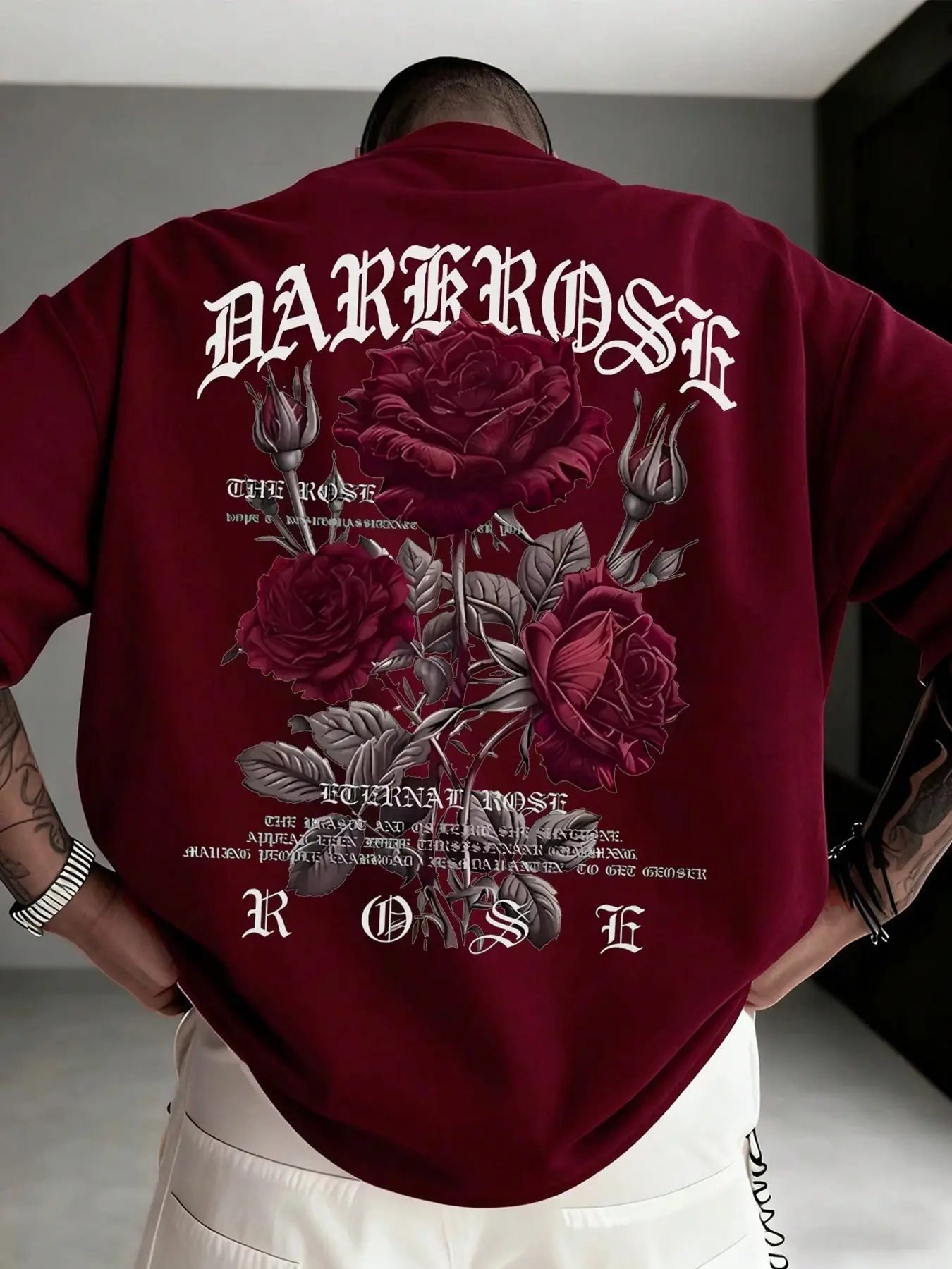 Men's Burgundy Casual Short-Sleeve T-Shirt With Dark Rose And Gothic Letter Print, Suitable For Urban Street Style And Daily Outfits, Menswear Streetwear