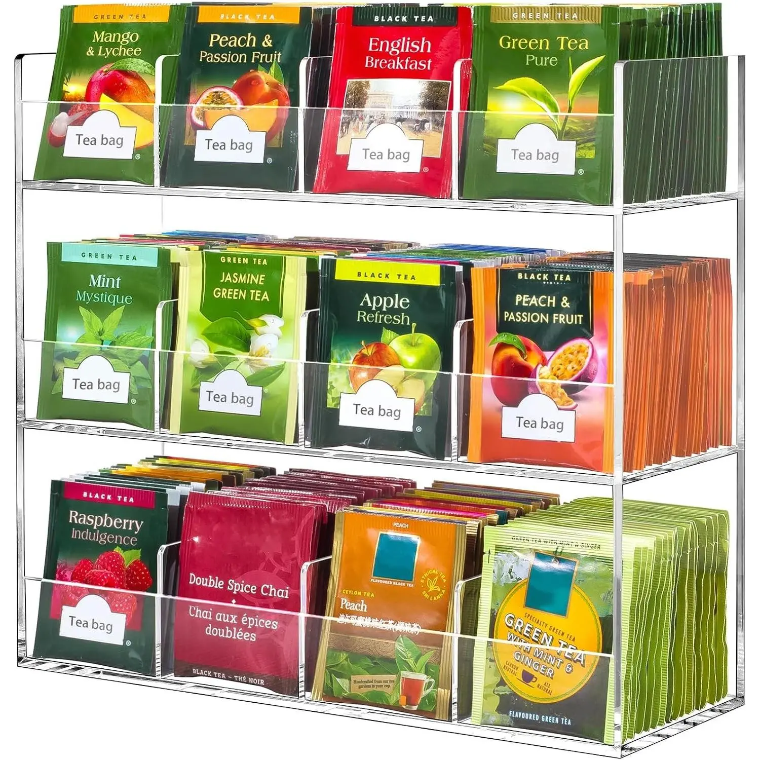 Acrylic Tea Bag Organizer, Holds 216 Tea Packets, No Assembly Required, Vertical Tea Bag Storage Caddy Display Holder for Countertop Cabinet Tea Bar Home Accessories