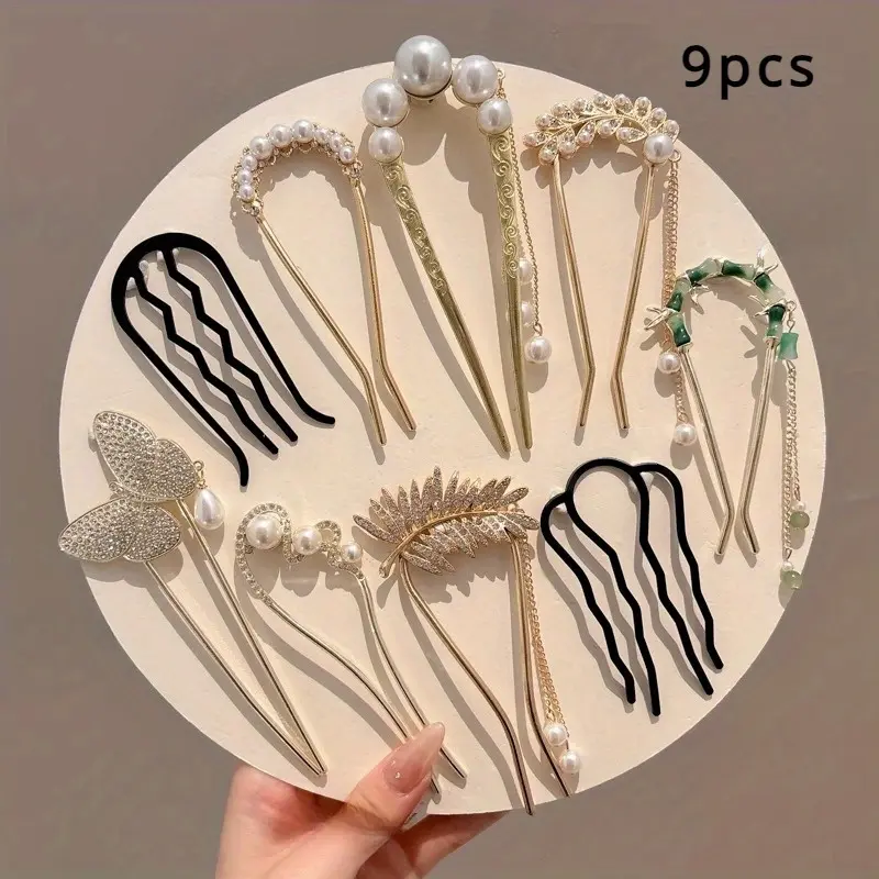 9pcs Pearl Decor Hairpin Set, U-shaped Alloy Acrylic Hair Sticks, Premium Stylish Hair Accessories for Women, Elegant Decorative Hair Pins, Perfect for Bun Updo Hairstyles, Wedding, Prom, Party and Daily Casual Hair Styling