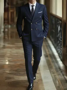 Men's Solid Color Suit Set Double Breasted Peak Lapel Jacket Pants Elegant Office Party Wedding