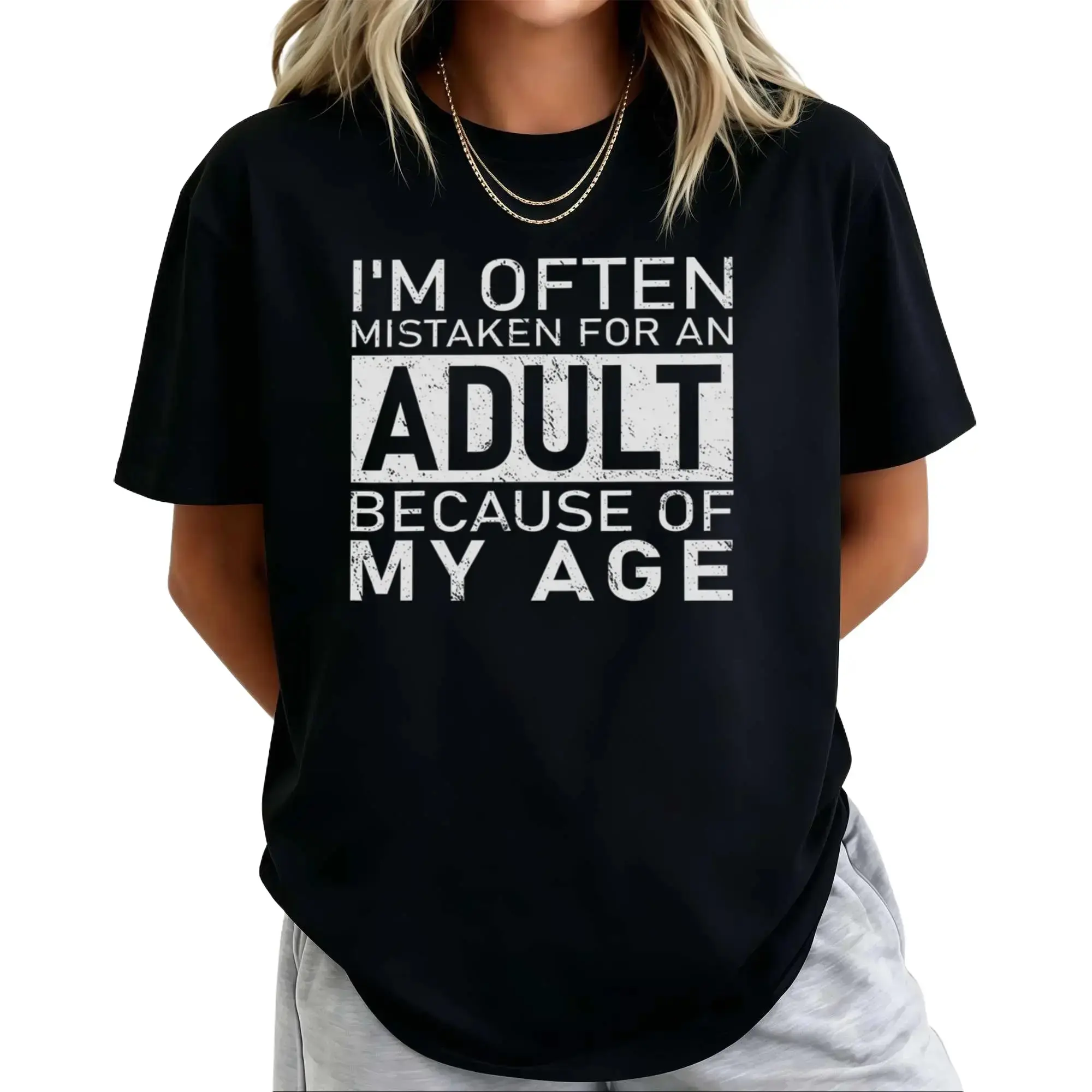 Men's Classic Soft Smooth Vibe Menswear O-Neck Short-Sleeve Summer Athleisure T-Shirt, "I'm Often Mistaken For An Adult Because Of My Age" Graphic Sports Top