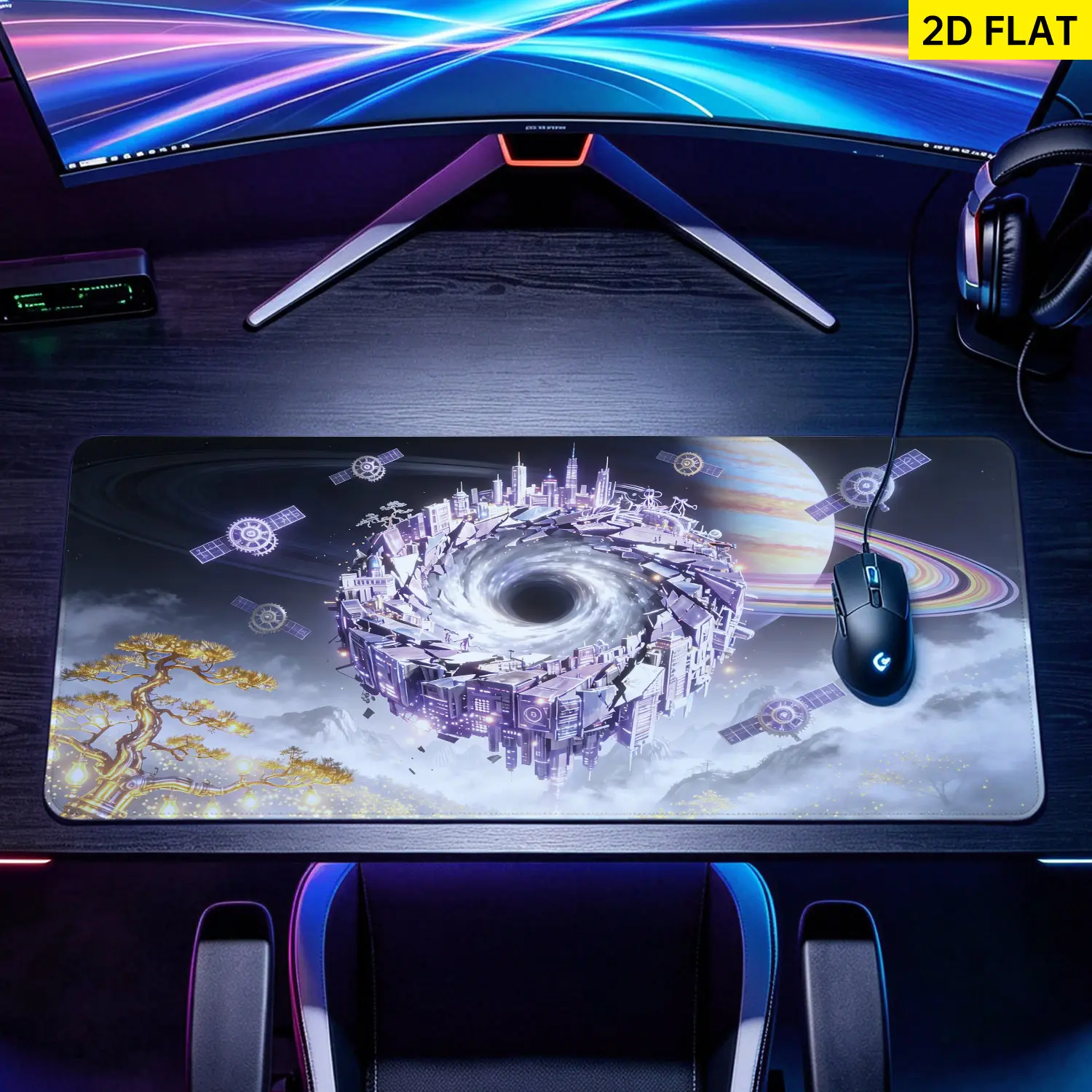 Extra Large futuristic scifi city black hole Mouse Pad,Non Slip Rubber Pad,Desktop Decoration Drotection Pad,Washable,Lock Edge Multi Size,Premium Multipurpose Mousepad For Office,Gaming Desk,Gift for Family and Friends