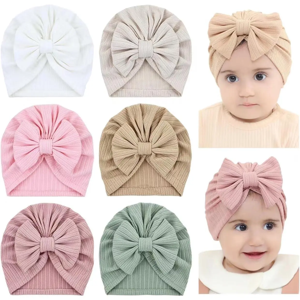 6 Pack Soft Turban Hats with Bow Donut Nursery Hospital Caps Beanies Bonnets  Baby Girls Newborns Infants Toddlers
