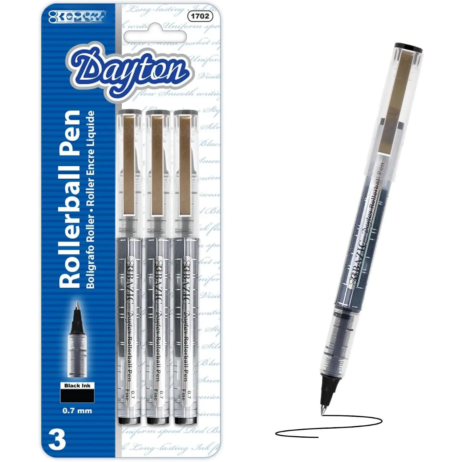 Dayton Rollerball Pen 0.7mm Black Color, Regulator Flowing Liquid Ink Pens, Rolling Ball Pens Smooth Writing for Office (3/Pack), 1-Pack | 0.7 mm fine, metal pocket clip, Smooth skip-free ink, school, office
