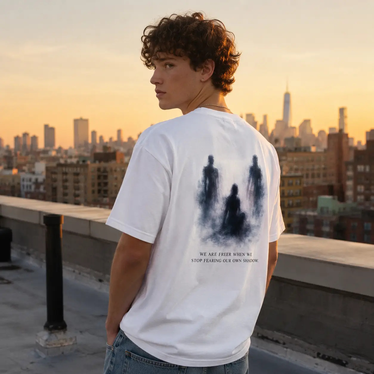 Men's Classic Round Neck Short-Sleeve T-Shirt - Smooth White + Black Fabric, Dark Aesthetic Streetwear Casual Top with Personalized Shadow Figure Graphic, Fear Your Own Shadow Back Print, Menswear Outfits Essential