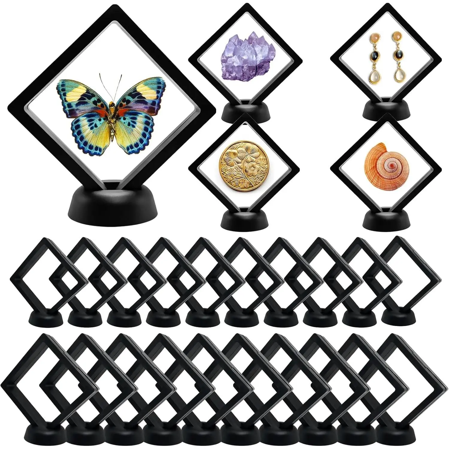20Pcs 3D Floating Frame Display Cases with Base, Transparent PE Film Jewelry Storage Shadow Box for Challenge Coins, AA Medallions, Medals, Rings, Necklaces, RocksGift