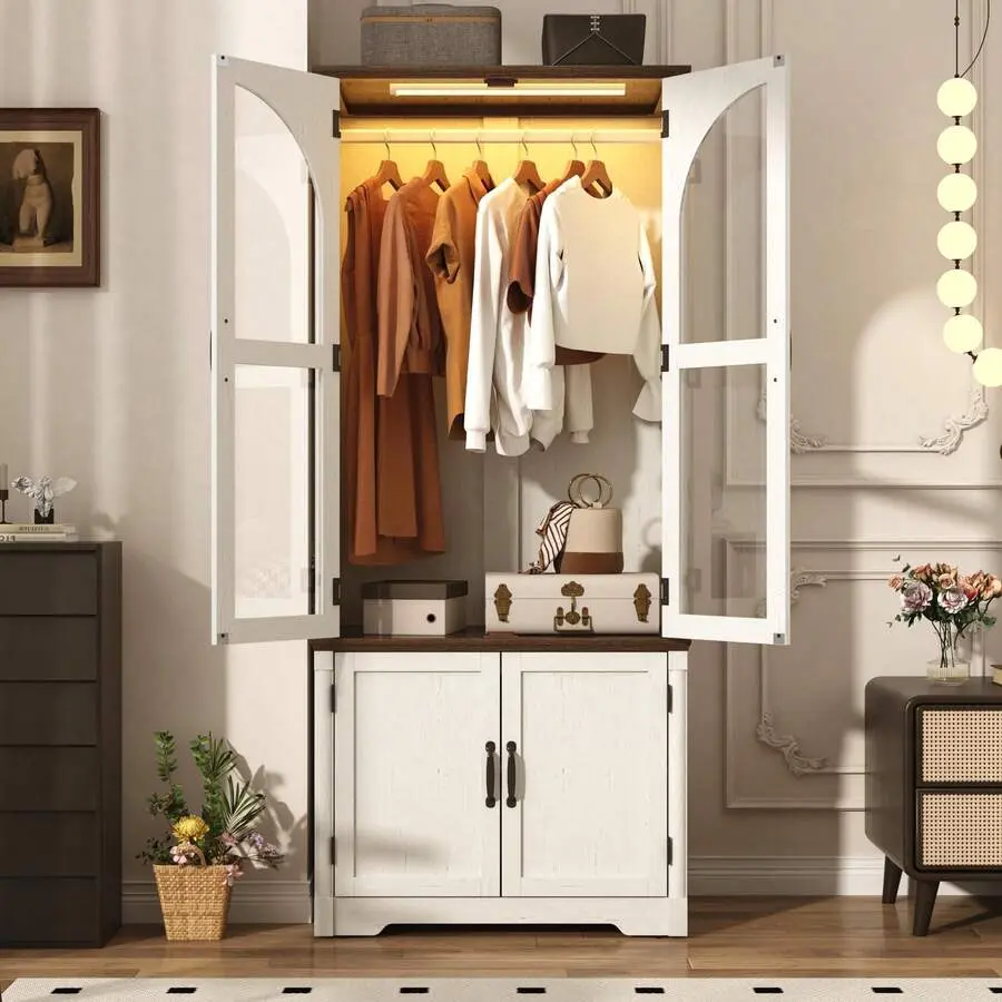 Tall Farmhouse 2 Doors Armoire Wardrobe Closet With LED Sensor Lights,72" Freestanding Arched Wardrobe Closet Cabinet Bedroom W Glass Doors,Wooden Clothing Storage Cabinet,Closets Bedroom