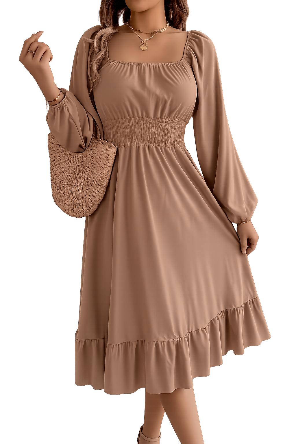 2026 Spring and Summer Leisure Solid Color Square Collar Long Sleeve Waist-Cinched A-Line Skirt