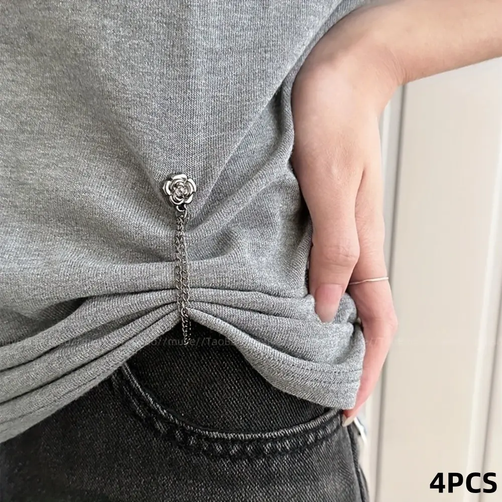 4Pcs Camellia Magnetic Clothing Buckles, T-Shirt Hem Fastener Clips, No-Sew Sleeve Fixed Clips, Fashion Decor Metal Clasps