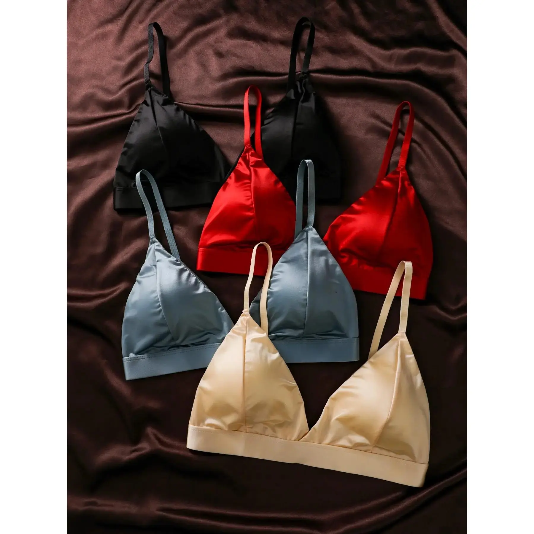 4 Pcs Satin Smooth Solid Color Wireless Triangle Bra, Non Underwire, Removable Pads, Comfortable and Sexy, Seamless Everyday Bra Underwear, No Underwire Bras for Daily Wear and Commute