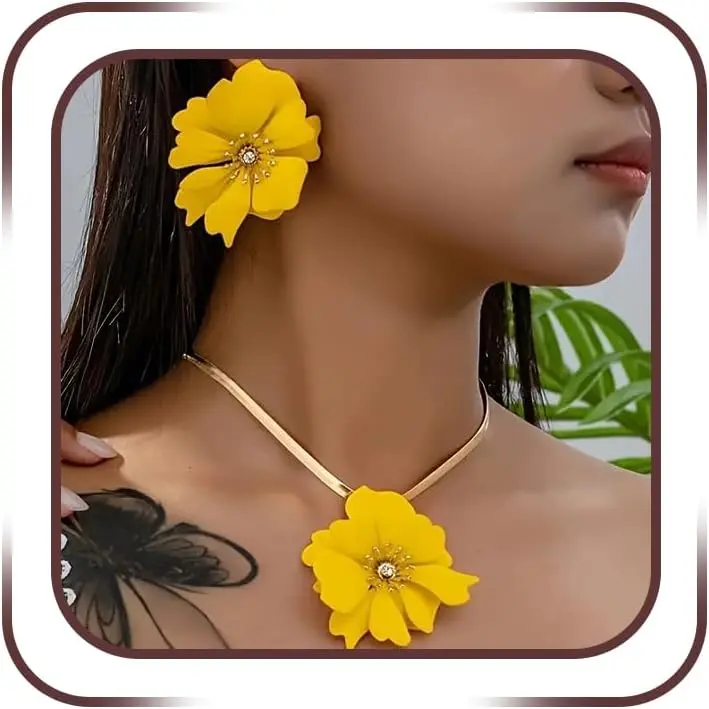 Boho  Large Flower Necklace Earring Set, Red White Yellow Floral Snake Chain Necklaces Earrings for Women Chic Delicate Tropical Party