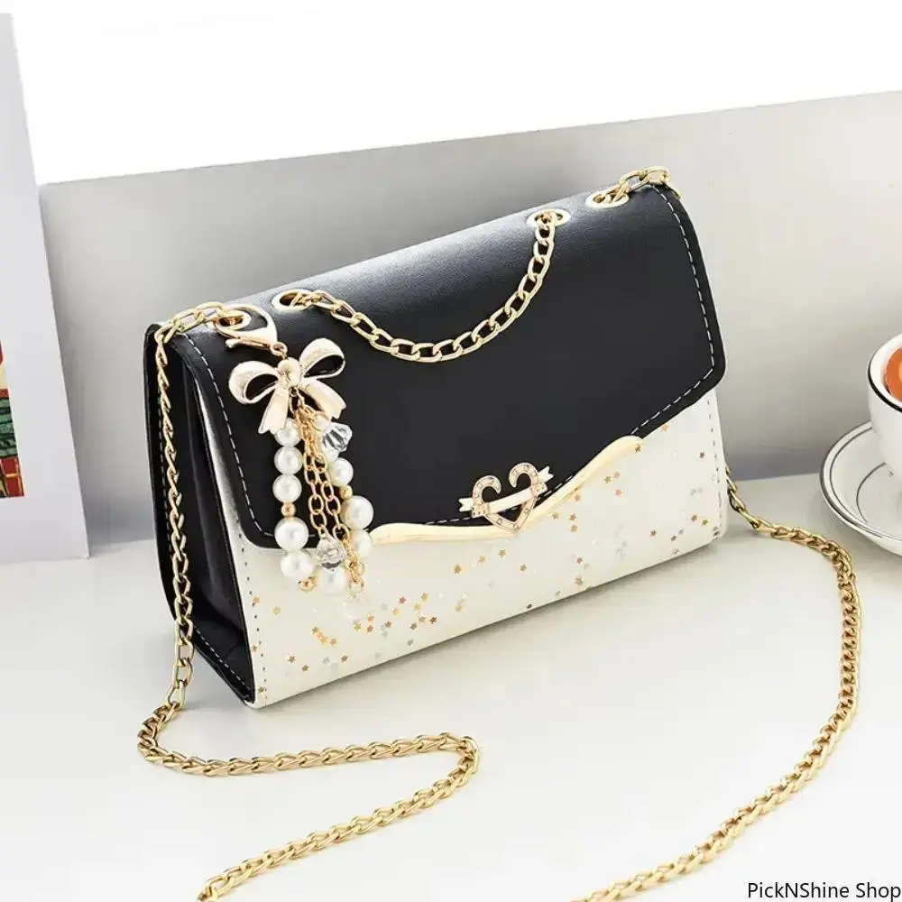 Women's 2-Tone Star Glitter Mini Crossbody Shoulder Bag - Faux Leather Chain Strap Evening Purse with Rhinestone Heart Buckle, Pearl Bow Charm, 2-Tone Glam, Daily Chic, Party-Date Ready Lightweight Small Flap Handbag, Mini Daily Chic, Mini Flap Ease