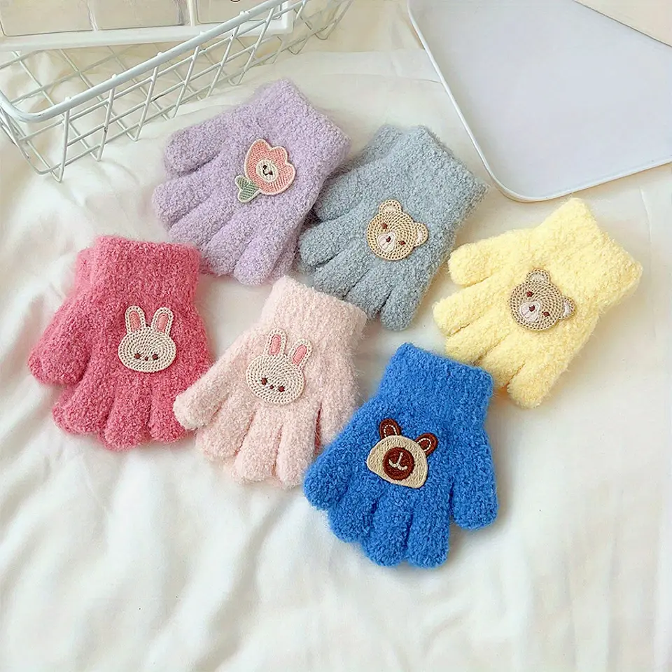 1 Pair of Children's Autumn/winter Cartoon Cute -lined Warm Five-finger Gloves, Thickened Fashionable Split-finger Gloves Infants and Toddlers, Suitable Both Boys and Girls, Featuring Decorative Designs of Rabbits and Bears. Ideal Outdoor