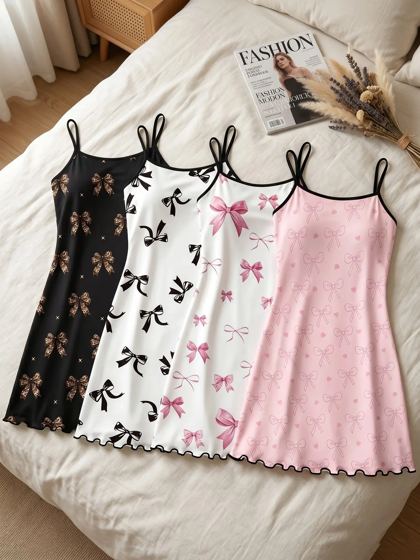 Women's 4 Pack Spaghetti Strap Sleeveless Slip Nightgowns, All Season Wear, Soft Girl Pastel Bow Heart Print, Cozy Loungewear for Home & Relaxation