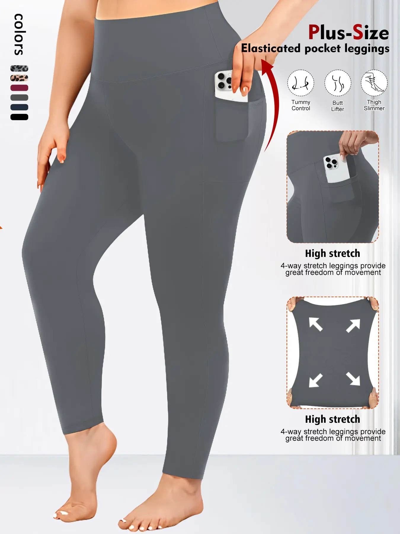 Women's High Waist Leggings with Side Pockets, Soft Sporty Long Pants, Tummy Control, Leopard Print, Perfect for Running & Yoga
