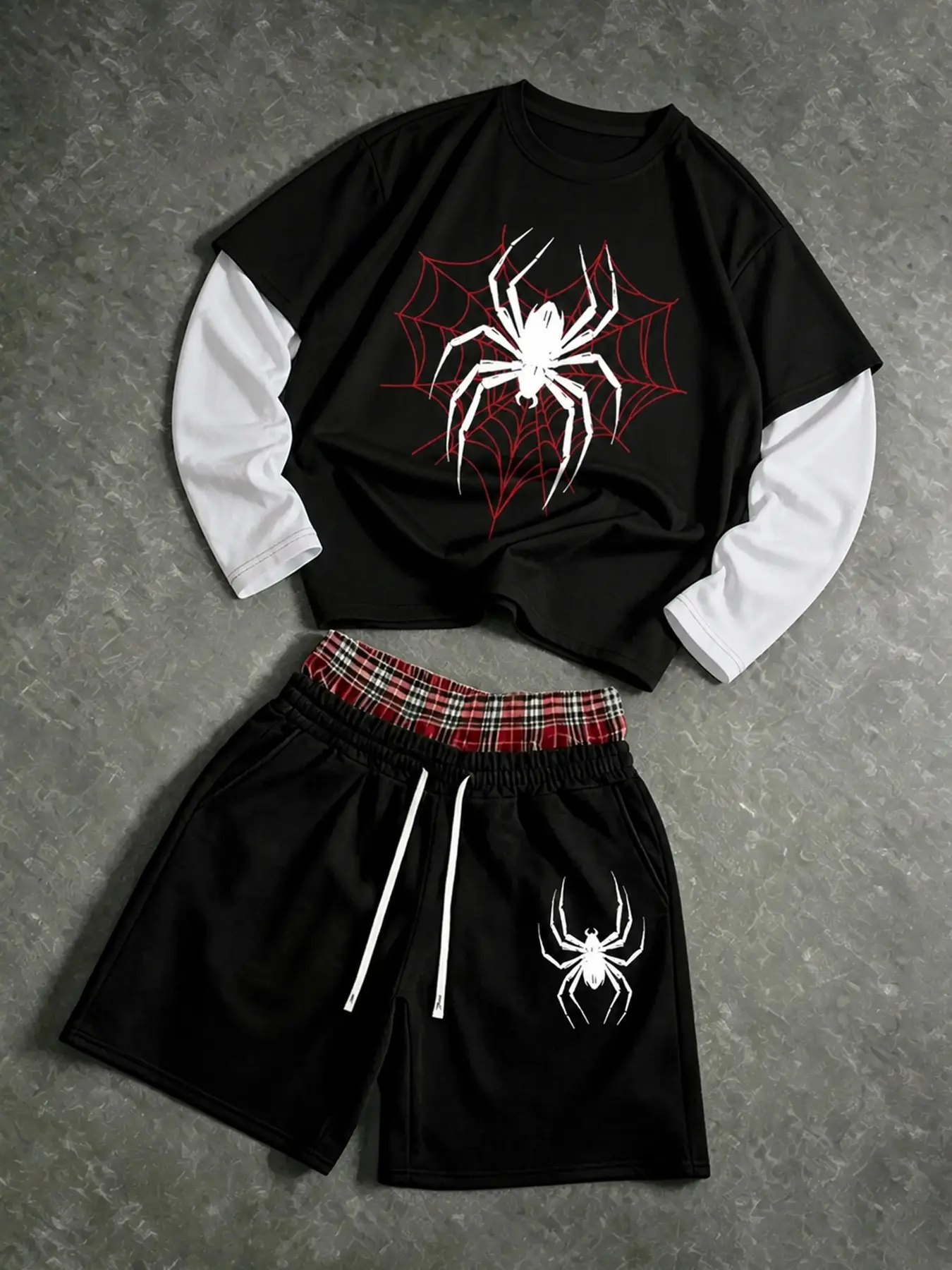 Unisex 2 Piece Spider Web Graphic Set, Layered Long Sleeve T Shirt and Drawstring Shorts, Gothic Y2K Streetwear Outfit for Fall and Daily Wear#UnisexTwoPieceSet #SpiderWebGraphic #SpiderPrint #LayeredTShirt#LongSleeveTShirt #DrawstringShorts #GraphicShort