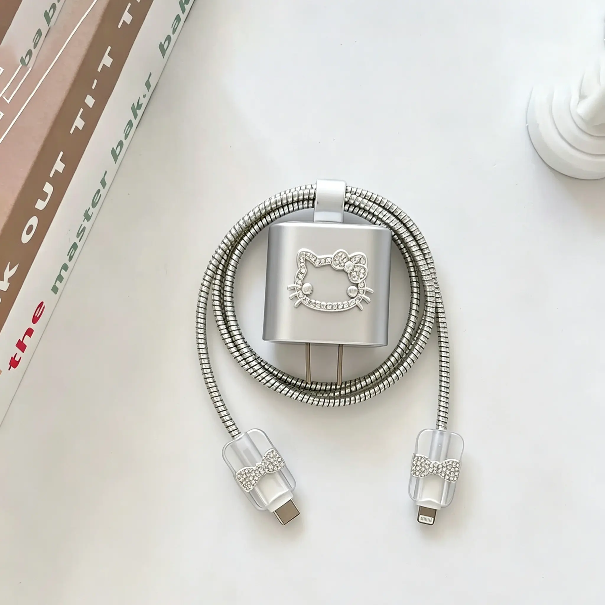 Water Drill Charger Protective Case, Matte Silver Shell Diamond Cat & Bow Tip, Silver Color Metal Spiral Wrap Kit for iPhone 18/20w