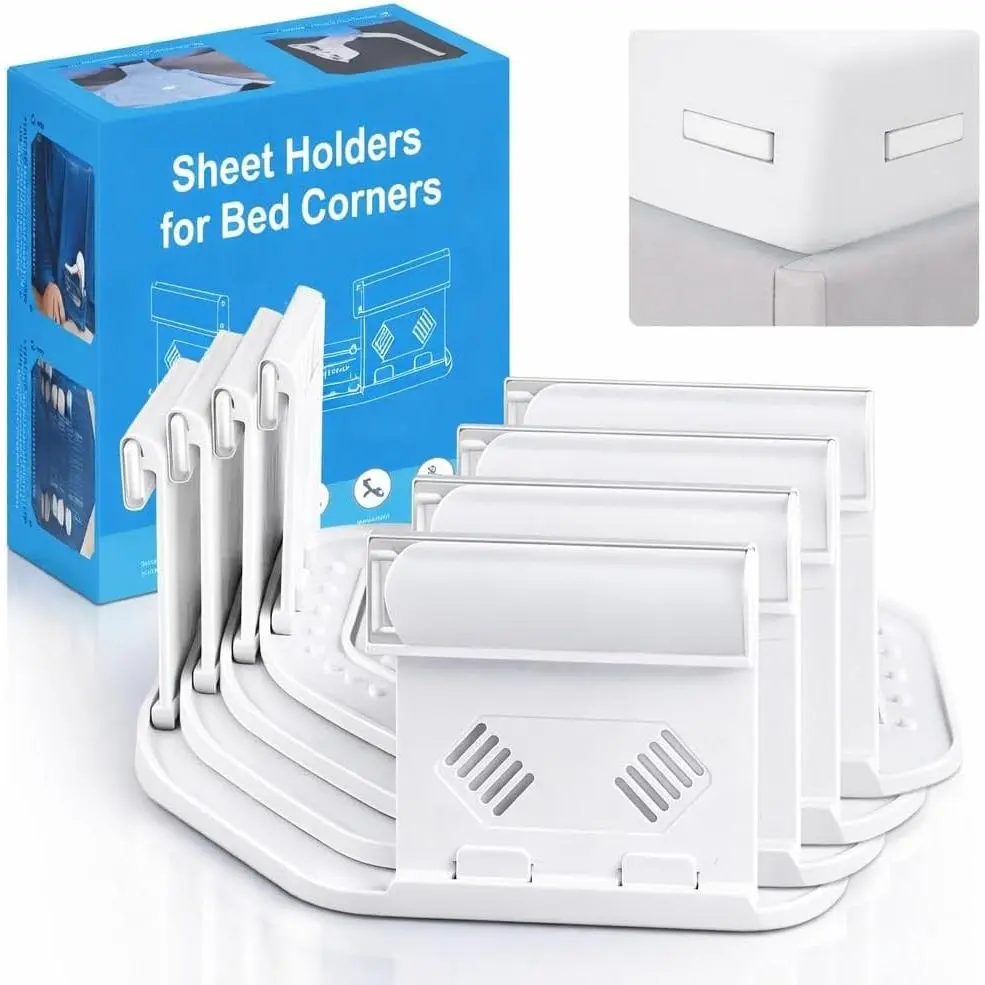 Bed Sheet Holders for Corners, Upgrade Bed Sheet Grippers Locks, 4PCS Fitted Sheet Holder Keep Sheets Firm & Tight, Non-Slip Sheet Clips for Fitted Sheets, Fit All Mattress Easy Install