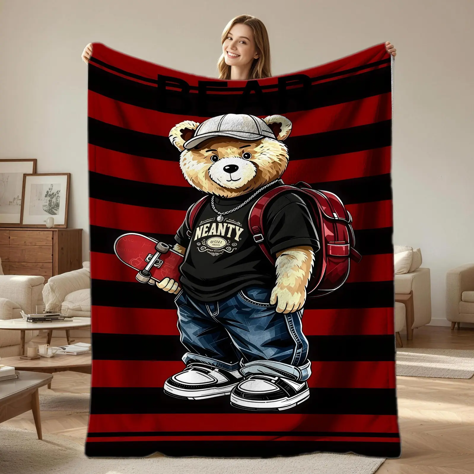 Cool Street Skate Teddy & Vintage Tennis Polo Bear Print Throw Blanket, Lightweight Warm Blanket, Vivid Digital Print Cozy Gift Blanket for Teen Boys, Perfect for Sofa Couch Bed Dorm Camping Travel, Fashion Hip Hop Sports Animal Decor Blanket