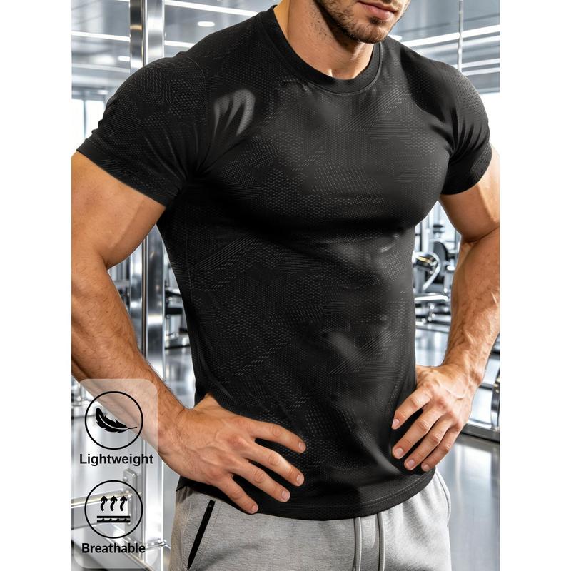Men's Slim Fit Short Sleeve Athletic T-Shirt - Male Clothing, Textured Quick-Dry Mesh Polyester Sporty Sports Top, Lightweight Breathable Crew Neck for Fitness Training, Outdoor Workouts
