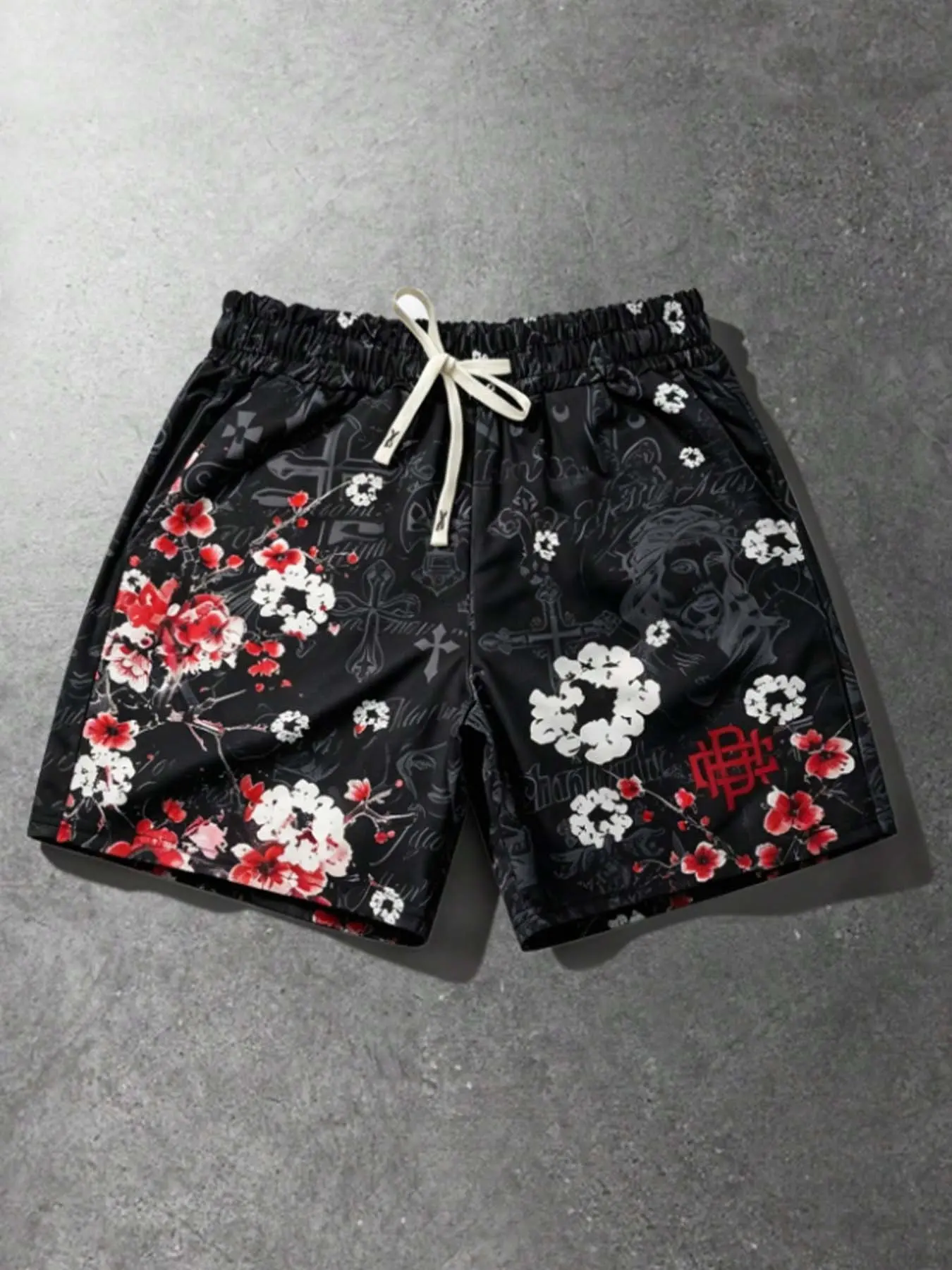 Men's Y2K High Street Gym Shorts, Cherry Blossom Jesus Cross Print, Summer Casual Loose-Fitting Shorts, All over Print Style, Graphic Loose Shorts