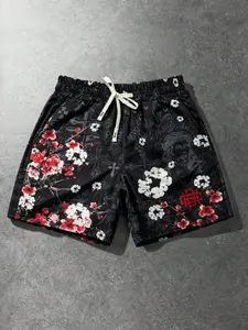 Men's Y2K High Street Gym Shorts, Cherry Blossom Jesus Cross Print, Summer Casual Loose-Fitting Shorts, All over Print Style, Graphic Loose Shorts