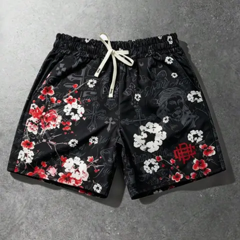 Men's Y2K High Street Gym Shorts, Cherry Blossom Jesus Cross Print, Summer Casual Loose-Fitting Shorts, All over Print Style, Graphic Loose Shorts