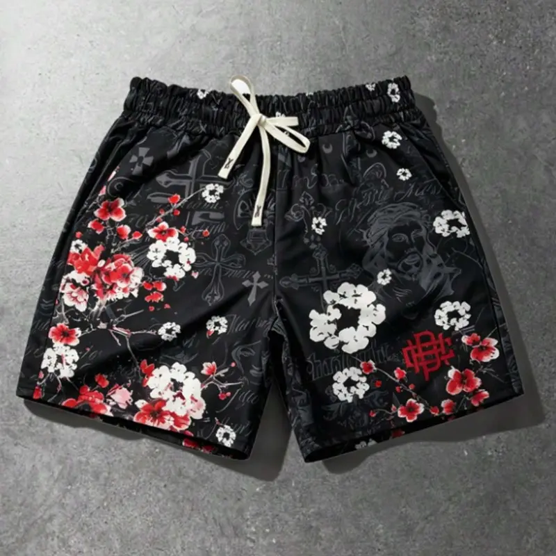 Men's Y2K High Street Gym Shorts, Cherry Blossom Jesus Cross Print, Summer Casual Loose-Fitting Shorts, All over Print Style, Graphic Loose Shorts
