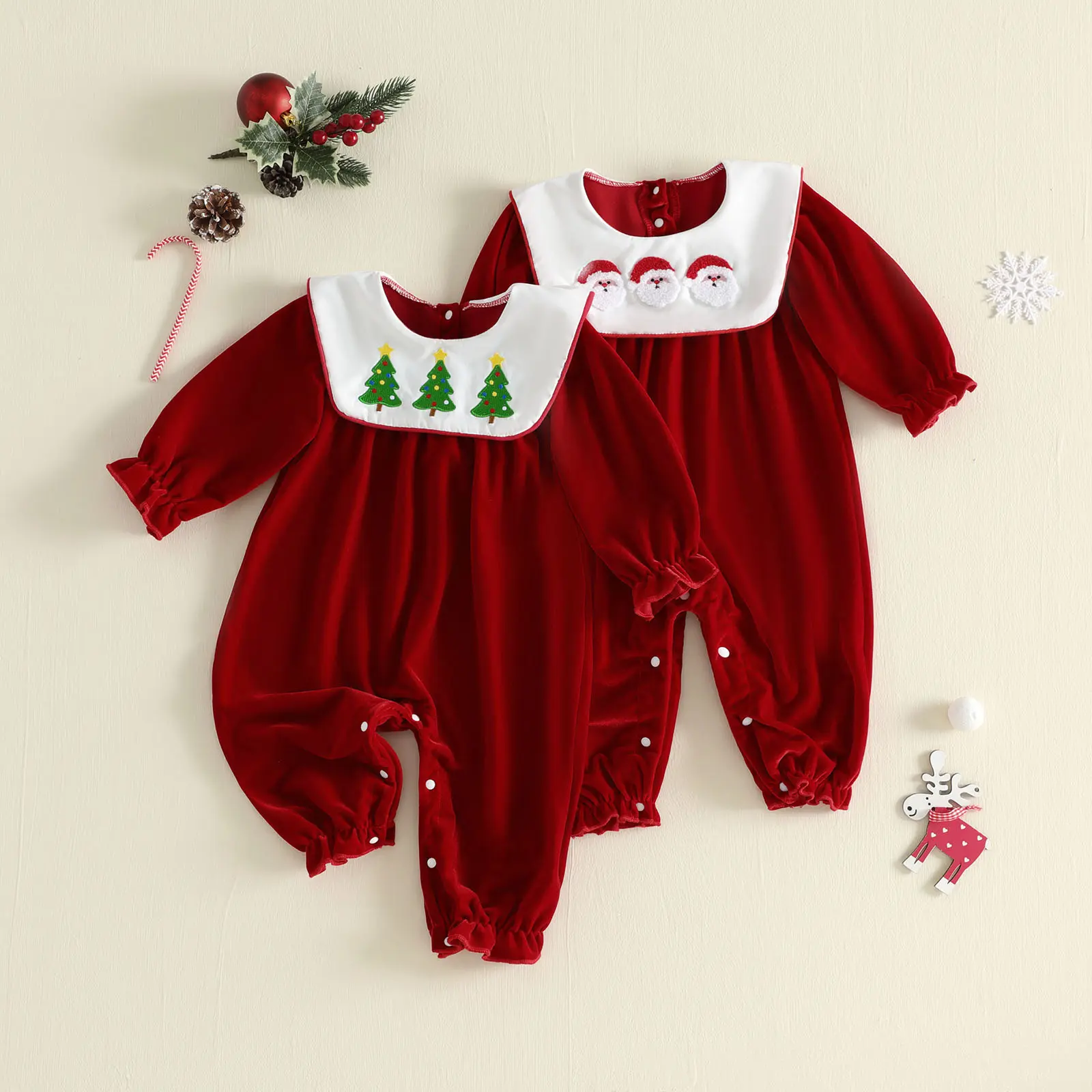 Infant Baby Christmas Romper Tree/Santa Embroidery Crew Neck Long Sleeve Jumpsuit Fall Winter 0-18 Months