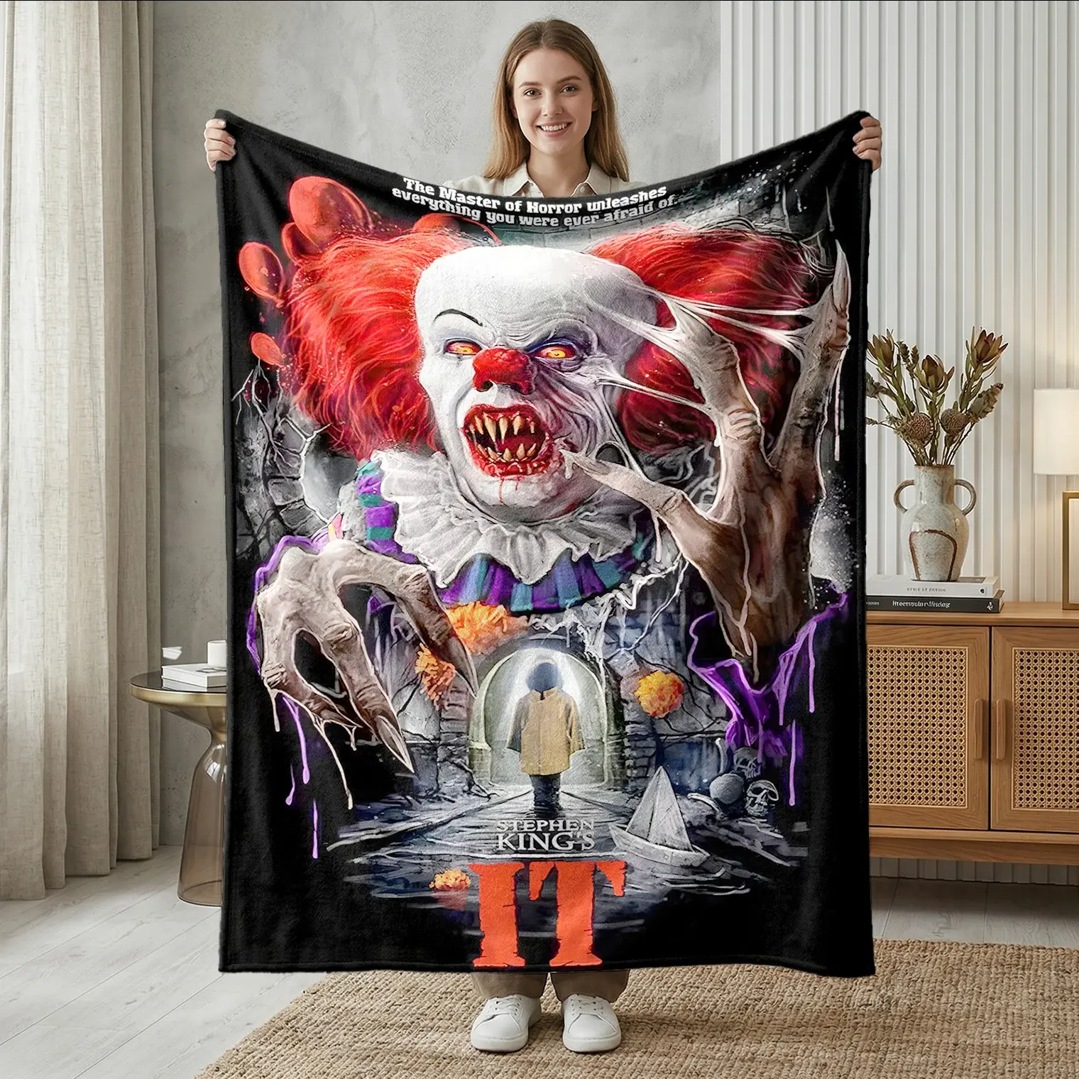 Stephen King's It Flannel Blanket, Pennywise Horror Scene, Thick Warm Material, Perfect for Fans, Halloween Gift, Room Decor