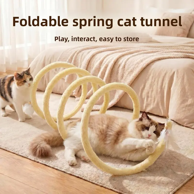 Spring Cat Tunnel Toy with Bell, Self-Play Cat Feather Wand, Interactive Kitten Activity Tunnel, Premium Heavy Duty Flexible Wire Mesh Structure, Sleek Modern Minimalist Style for Active Kitten Energy Burner & Indoor Chasing Exercise