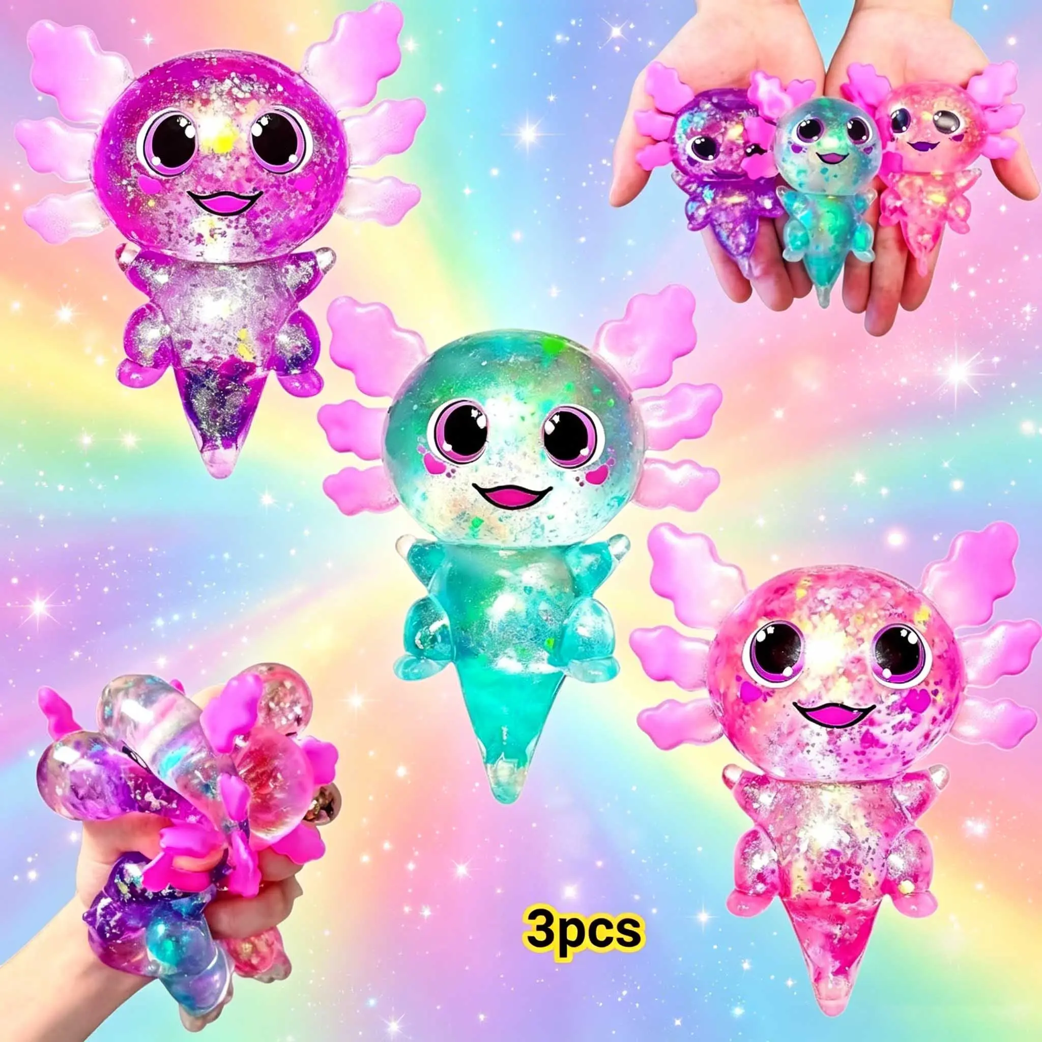 3Pcs Axolotl Squishy Balls with Beads Filled, Glitter Slow Rising Decompression Squeeze Stress Relief Toy, Calming Fidget Toys, Stress Relief Fidgets for Kids & Adults