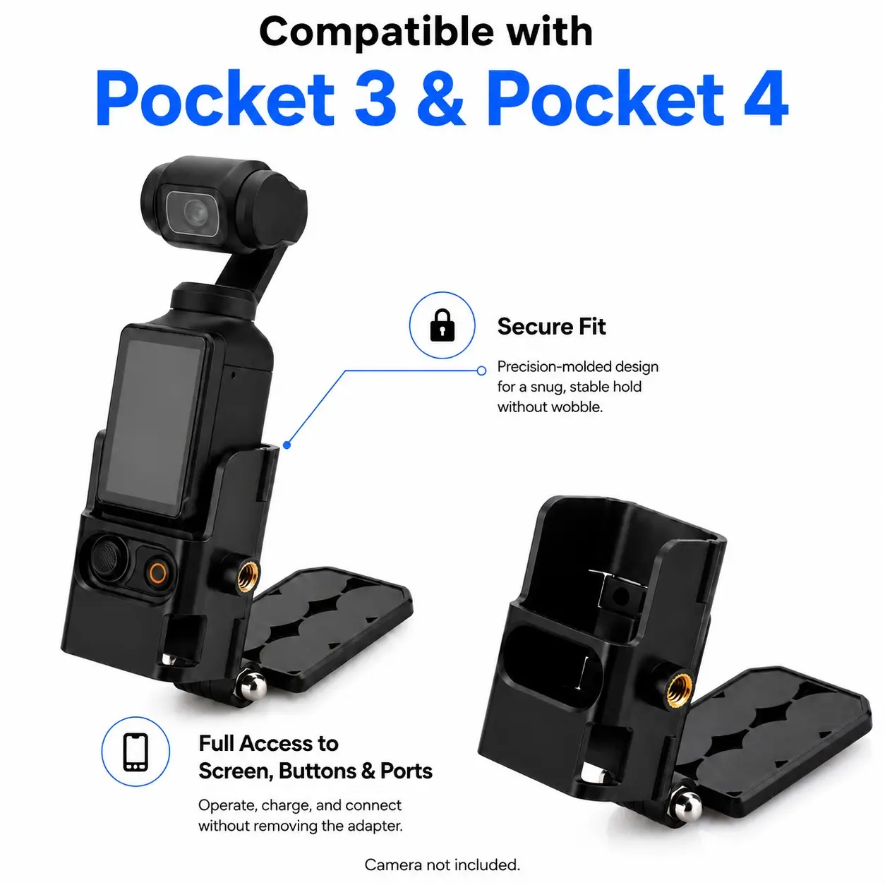 3-in-1 Camera Frame Mount for DJI Osmo Pocket 3 & Pocket 4, Foldable Desktop Stand, Magnetic Base Holder and 1/4" Expansion Thread Adapter