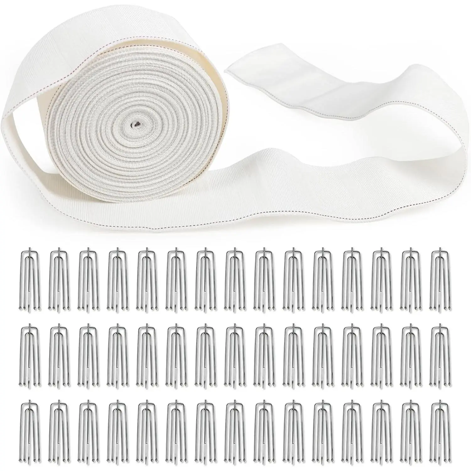 Curtain Pleat Tape, 13 Yards Curtain Tape with 45 Pinch Pleat Curtain Hooks | Stainless Steel 4 Prongs Curtain Hooks for Drapes | DIY Pinch Pleat Tape | White