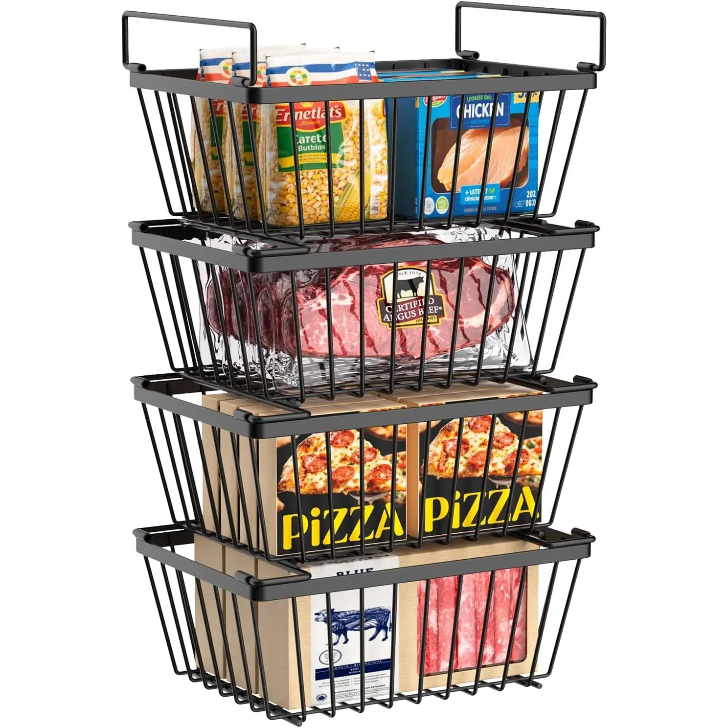 Freezer Organizers Bins with Folding Handles, 4 Pack Stackable Upright Freezer Organizers Baskets for 5-7 Cu.Ft Deep Freezer Storage, Increased Space for Food Storage, Easy to Access, Black