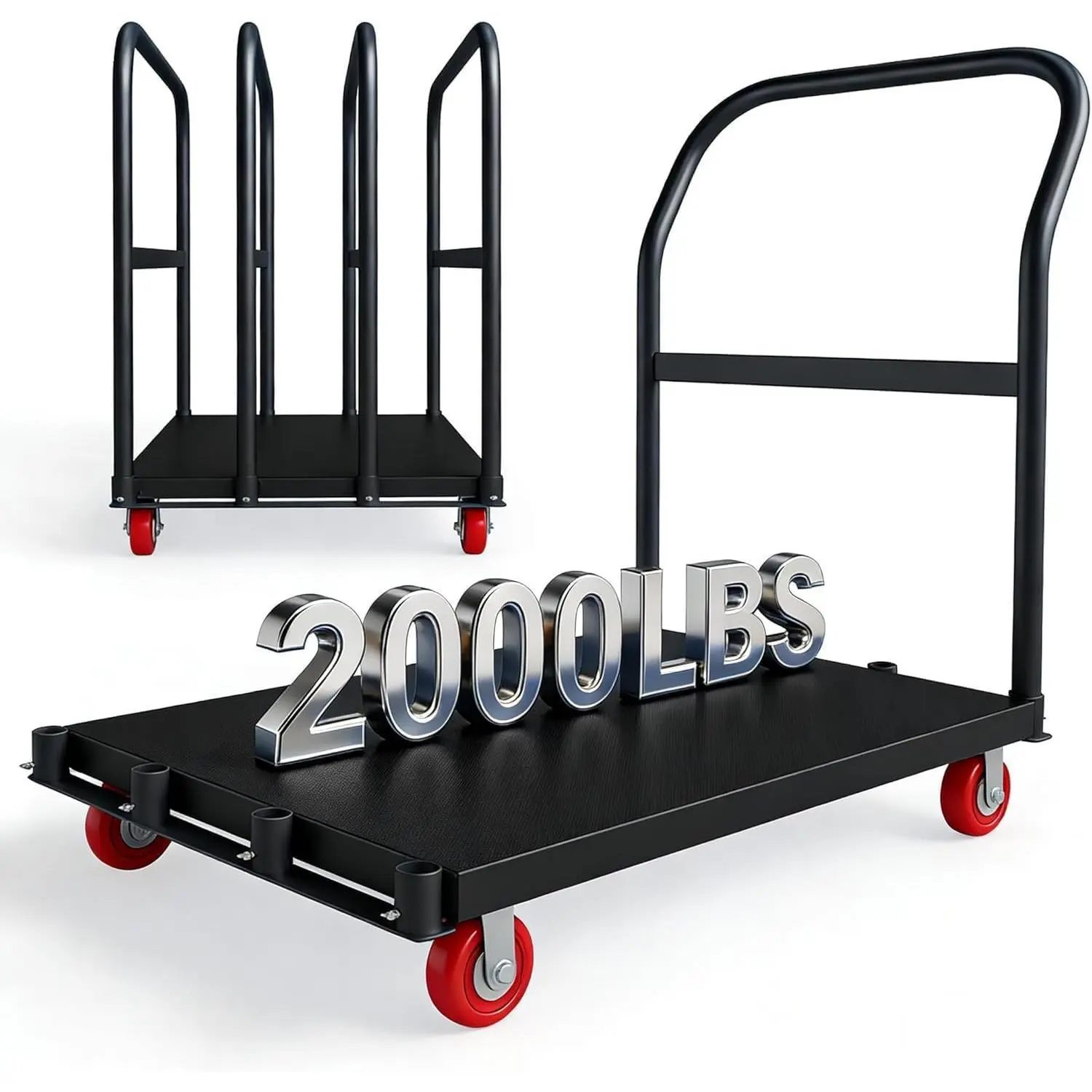 2000LBS Heavy-Duty Steel Panel Industrial Truck Cart, 2-in-1 Flatbed Platform Dolly with Dual Rails, 37in x24in Rolling Utility Cart with 5in Swivel Casters, All-Weather Transport for Drywall, Lumber, Easy Assembly
