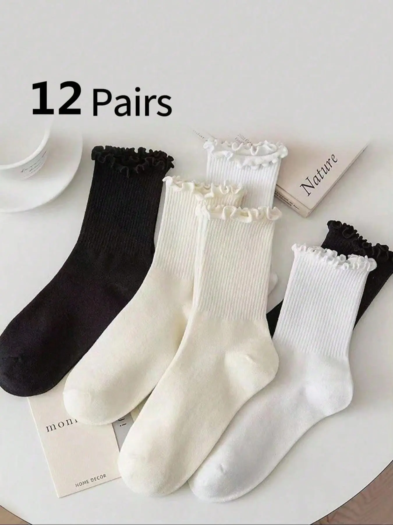 Youth Pure Color Ear Mushroom Trim Socks, Women's Fall Winter New Mid-Calf Socks, Stack Socks, Pair with Small Leather Shoes